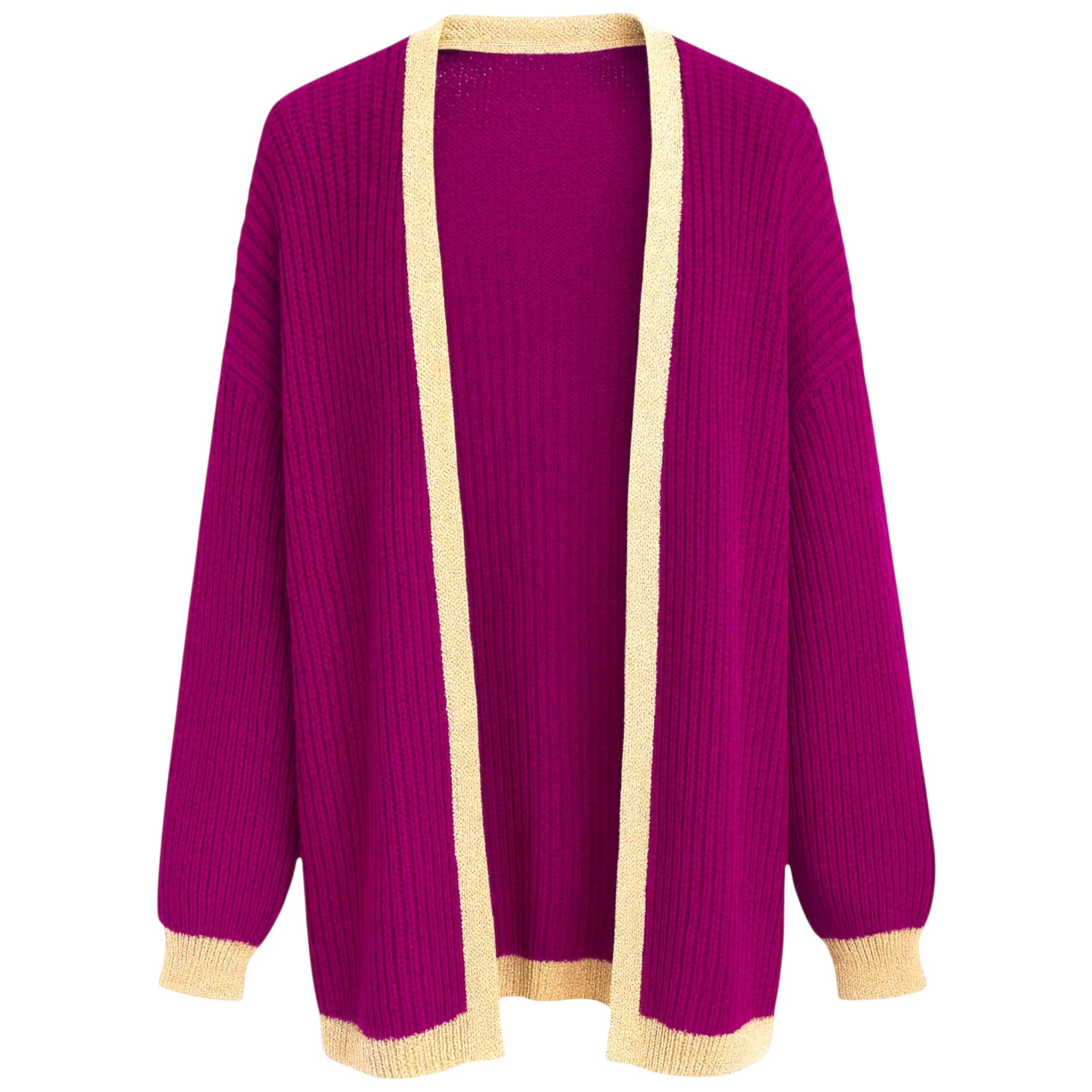 Ladies Italian edge to edge knitted cardigan in purple with gold trim, soft ribbed knit open front cardigan for women, stylish lightweight layering knitwear.